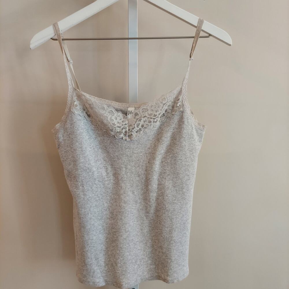 Nautica 90s Y2K Gray Cami Lace Detail Adjustable Straps